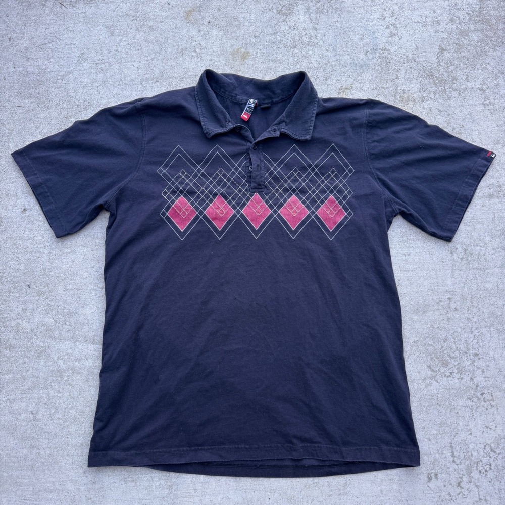 Quiksilver Mens Navy Blue Argyle Geometric Graphic Polo Shirt XL Short Sleeve